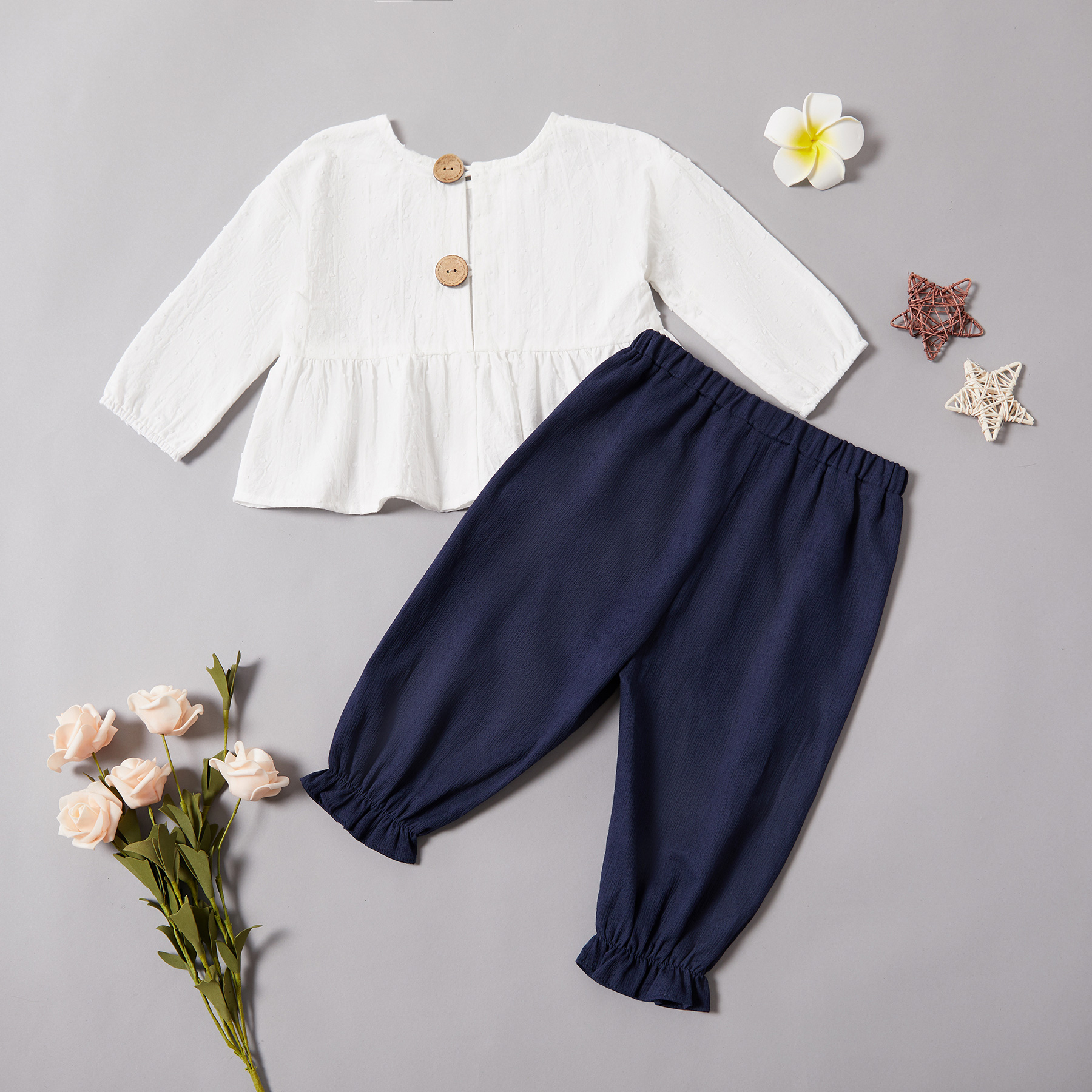 

Baby Girl Solid Long-sleeve Front Button Top and Pants Set