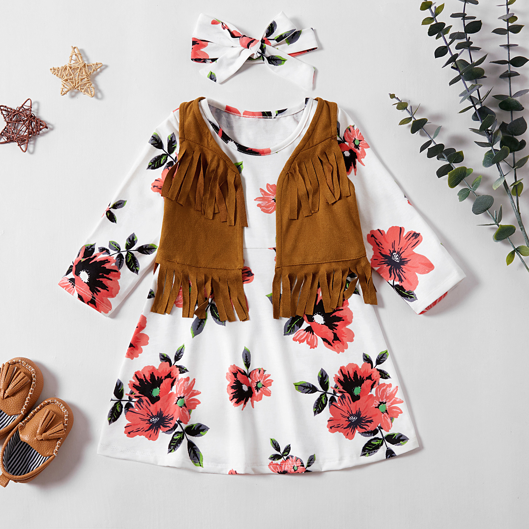 

Baby Girl Denim Style Tassel Design Floral Allover Long-sleeve Dress and Headband