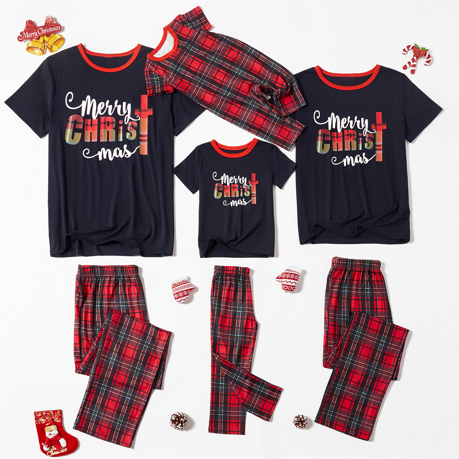 

Merry Christmas Letter Print Short-sleeve Top and Plaid Pants Family Matching Pajamas Set