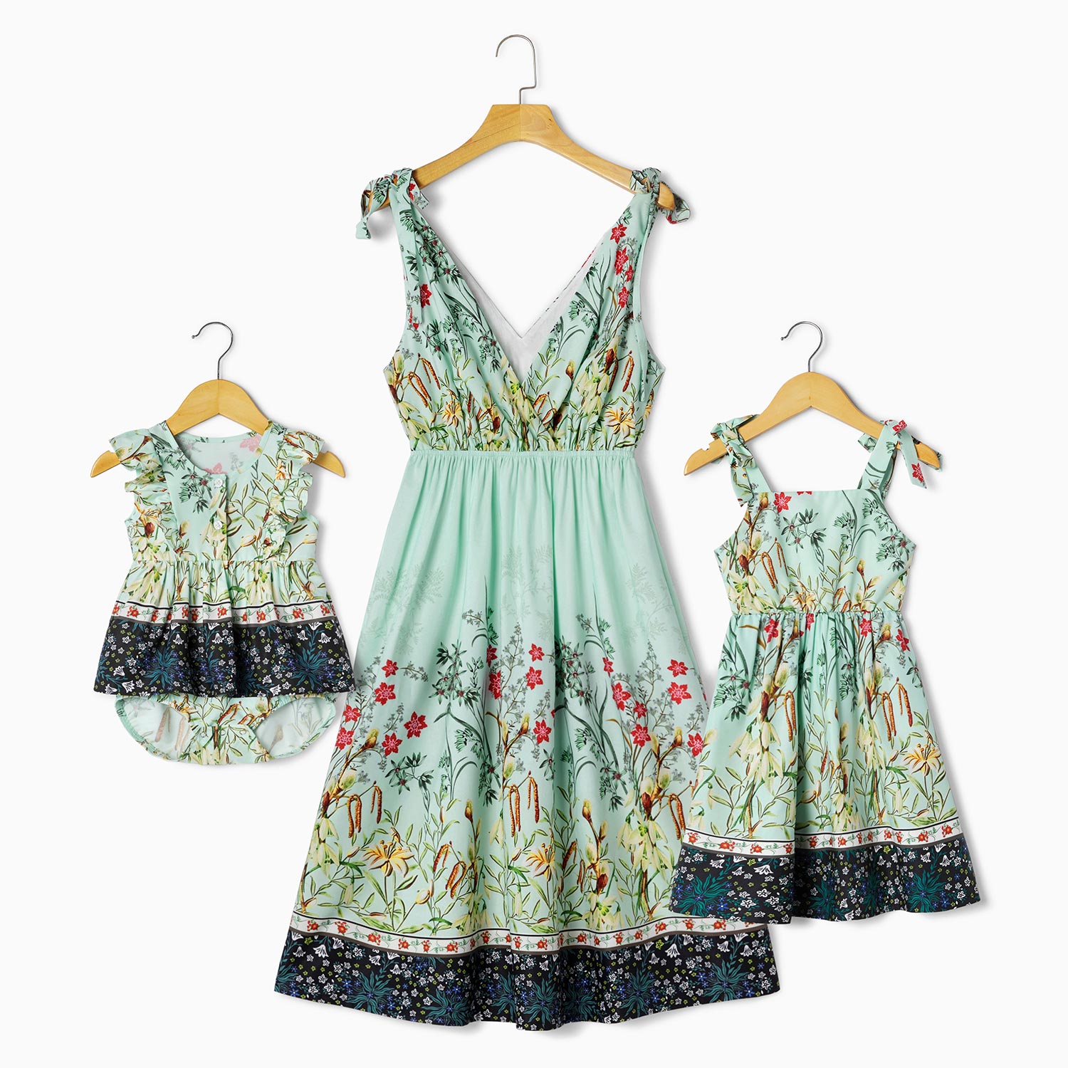 

Light Green Floral Print Matching Midi Sling Dresses