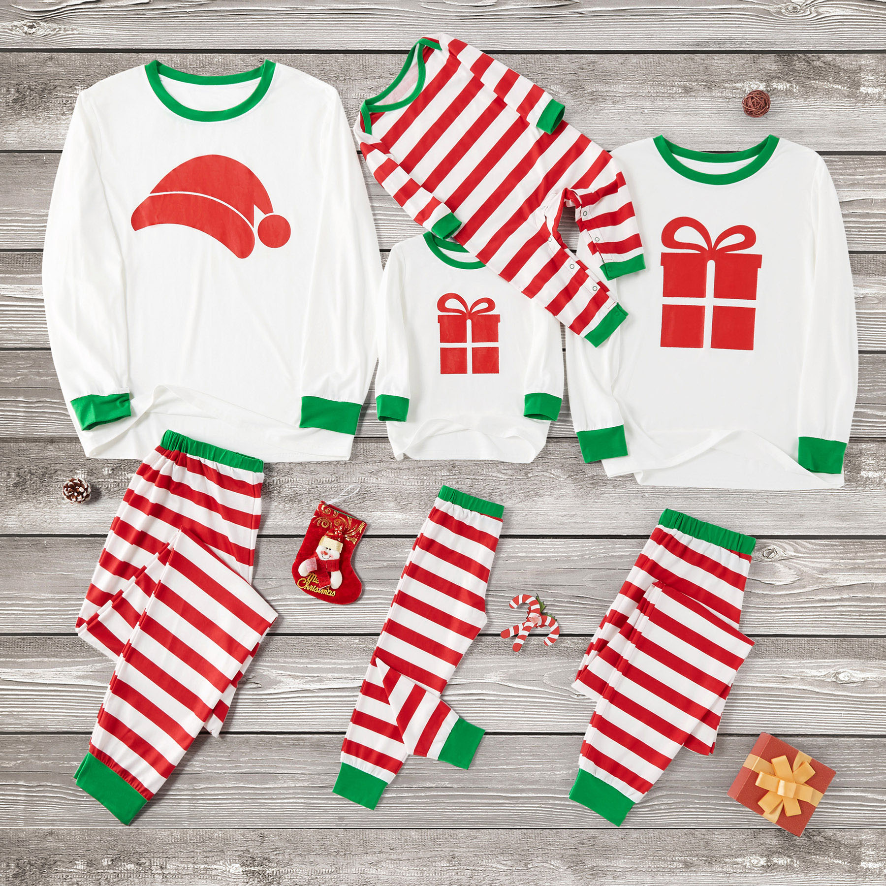 

Family Matching Christmas Hat Print Top and Stripe Pants Pajamas Set