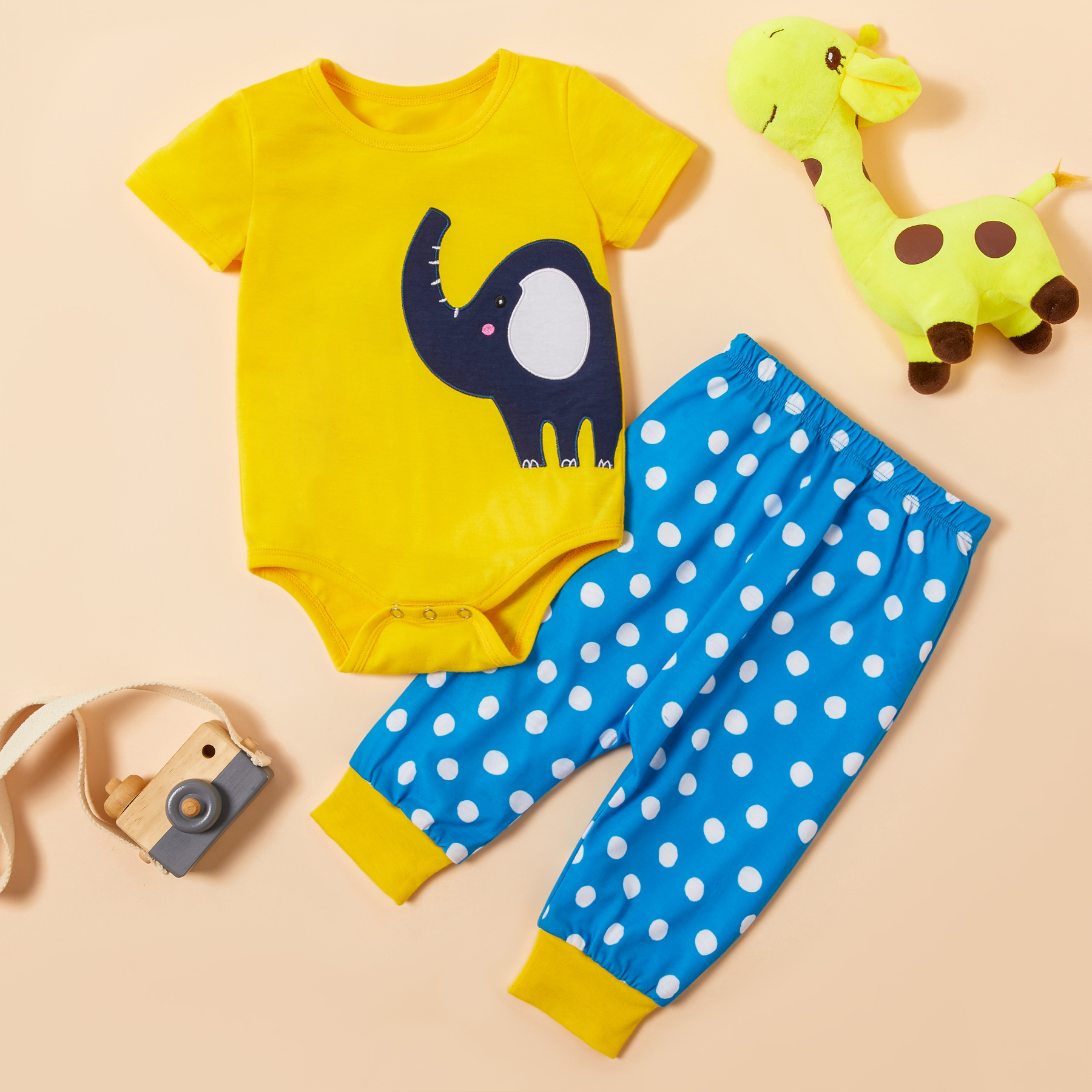 

Elephant Embroidered Bodysuit and Dotted Pants Set