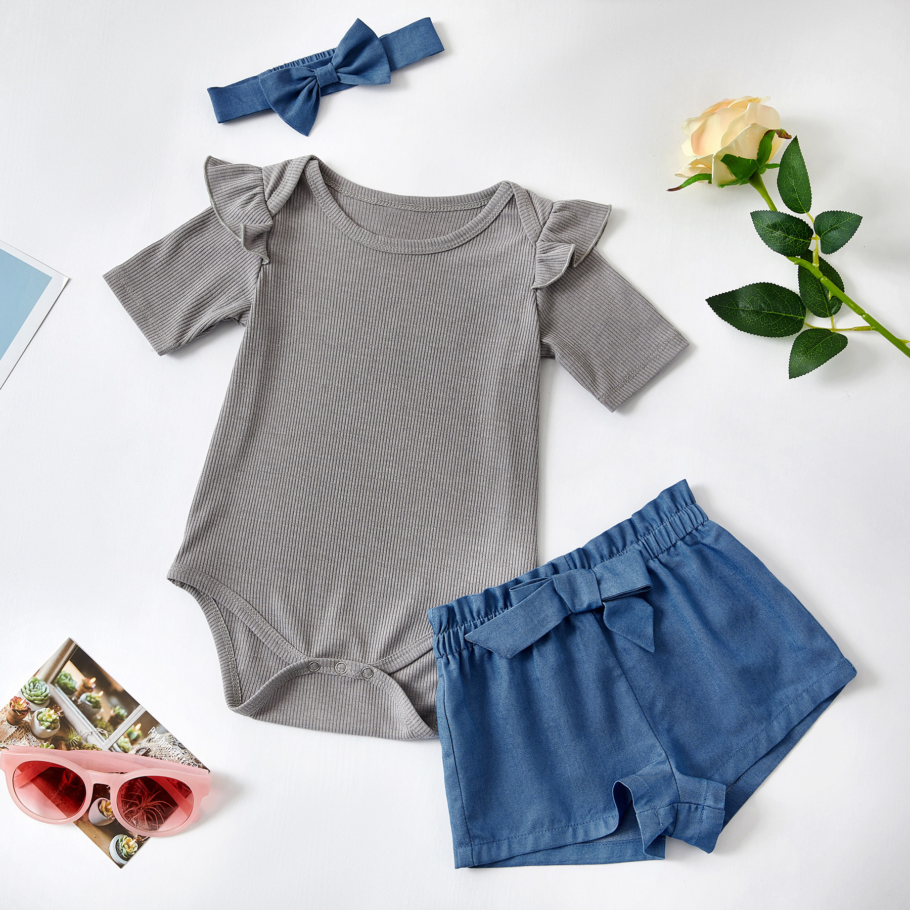

3-piece Baby Girl Solid Ruffled Shoulder Bodysuit and Bow Shorts with Headband Set