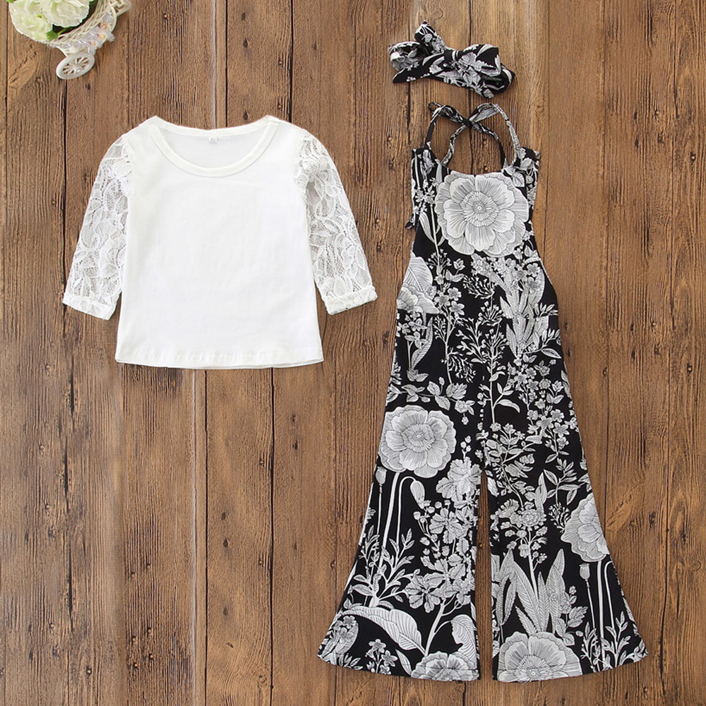 

3-piece Baby / Toddler Fashion Lace Longsleeves Tee and Floral Strappy Bellbottom Pants with Headband Set