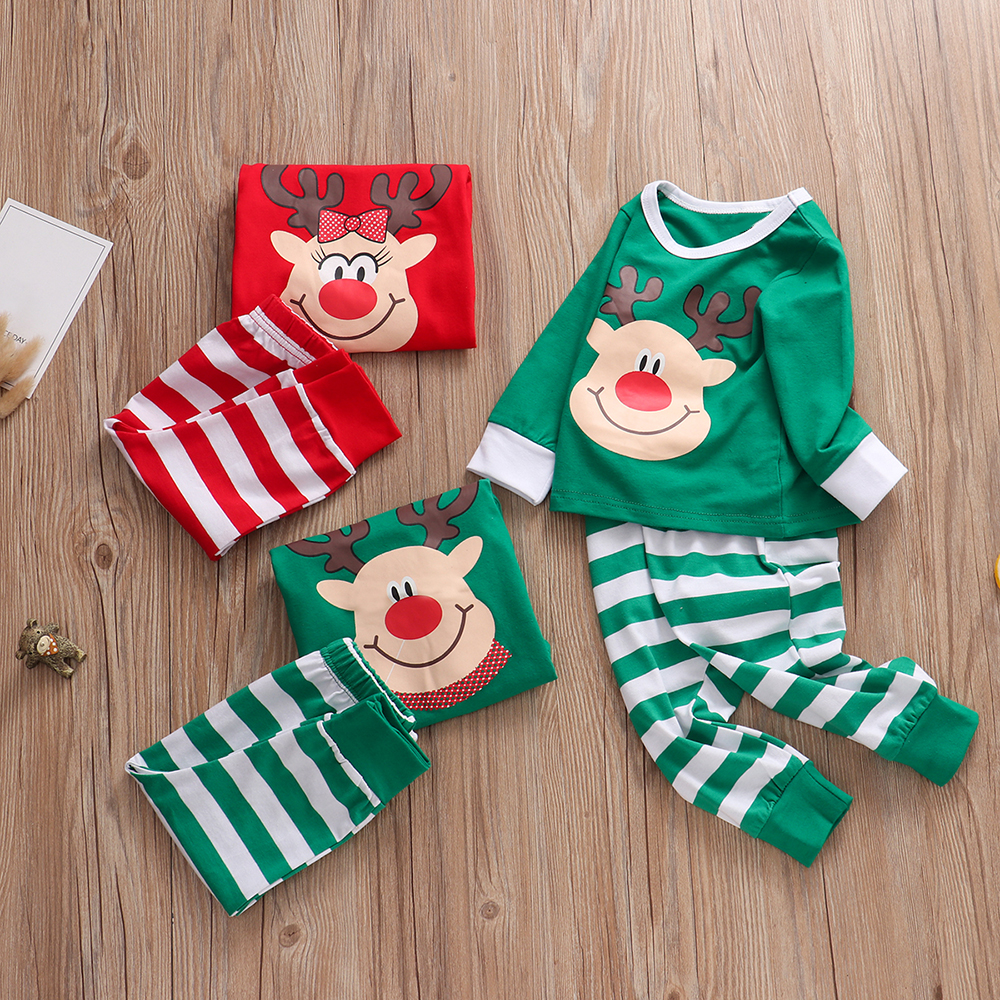 

Baby Christmas Cartoon Reindeer Long-sleeve Top and Striped Pants Set