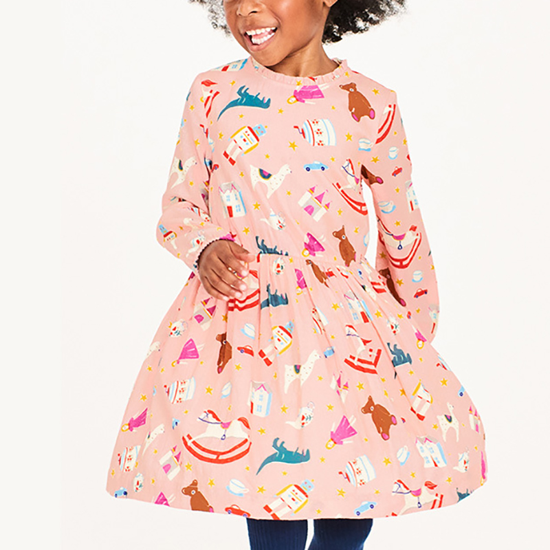 

Cartoon Print Long-sleeve Pleated Dress