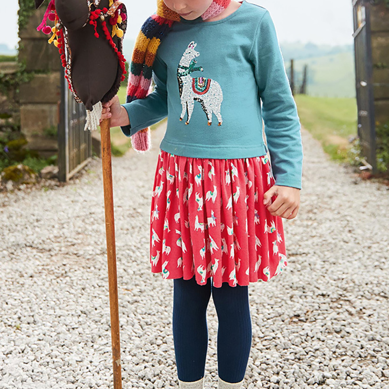 

Cartoon Print Long-sleeve Pleated Dress