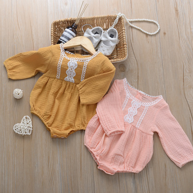 

Baby Girl Solid Lace Design Long-sleeve Romper
