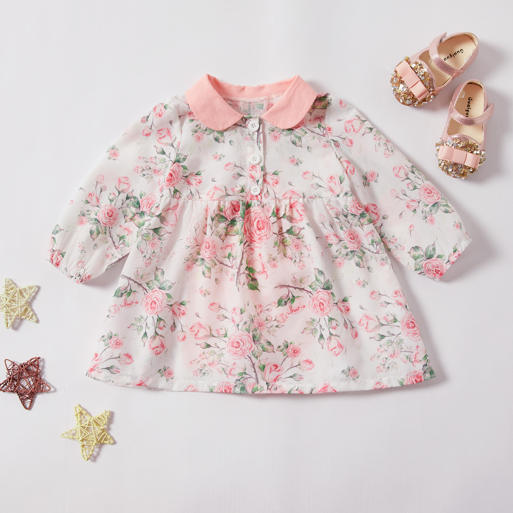 

Baby Girl Floral Allover Cardigan Design Long-sleeve Dress