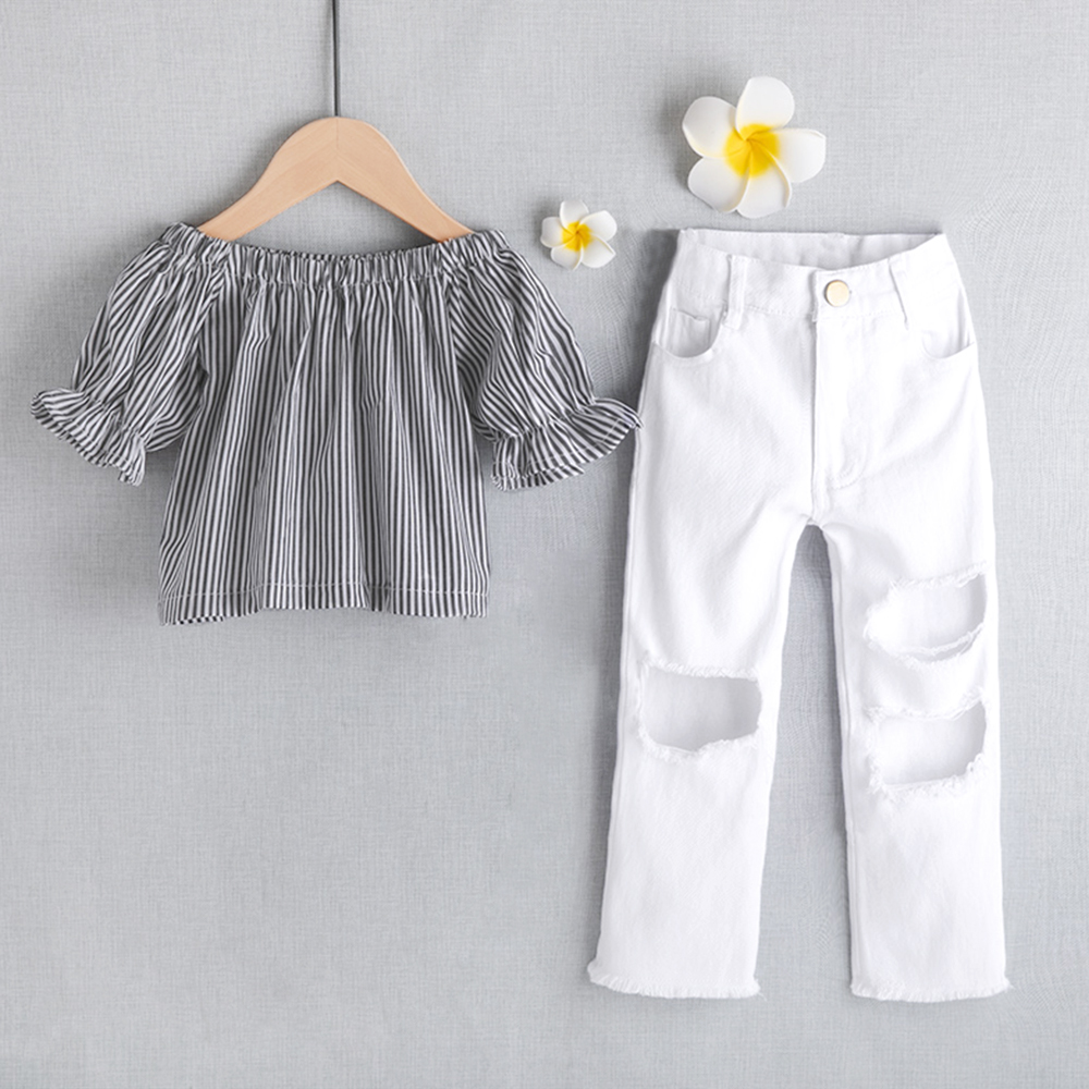 

Toddler Girl Striped Top and Ripped Pants Set