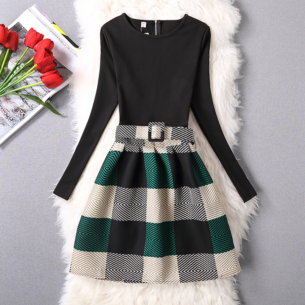 

Fashionable Plaid Long-sleeve Belted Dress