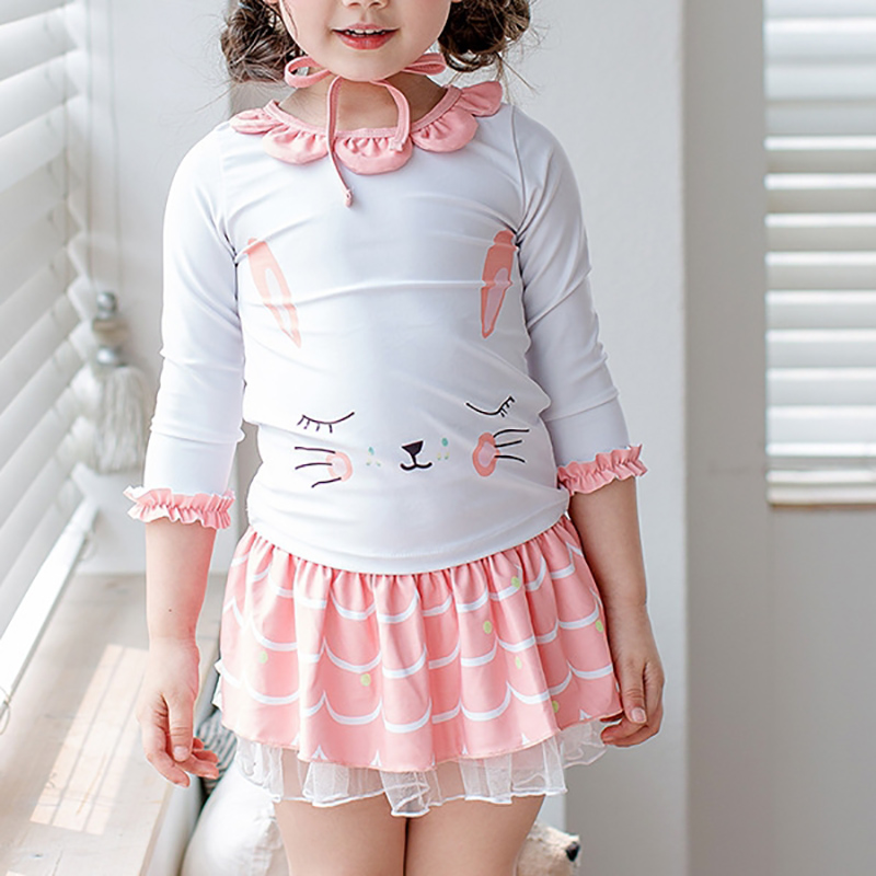 

Girl's Print Lovely Cat Floral Collar Top and Flounced Skirt Swimsuit