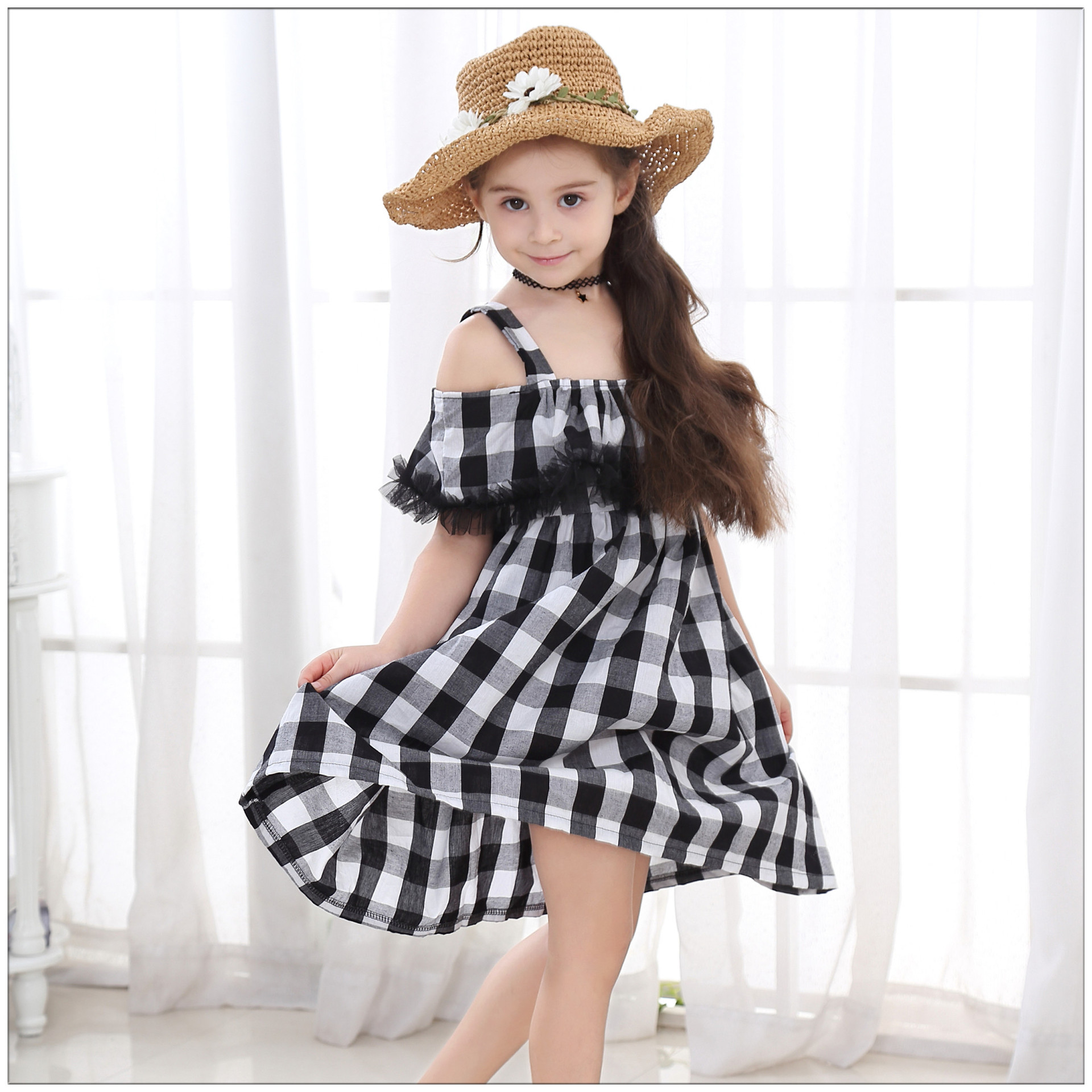 

Beautiful Plaid Off Shoulder Ruffled Slip Dress