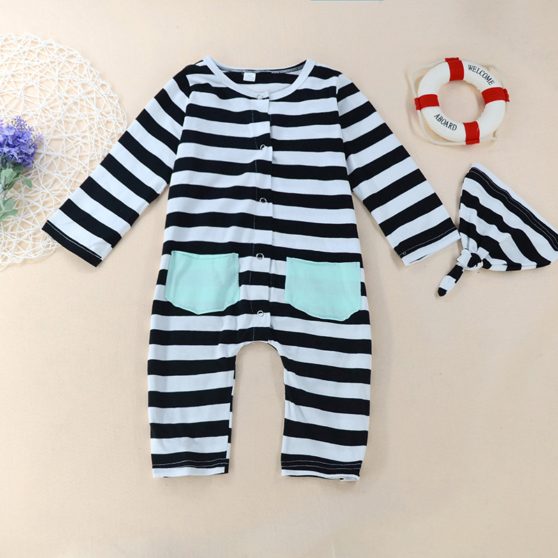 

Baby Stripe Pocket Design Long-sleeve Jumpsuit and Hat