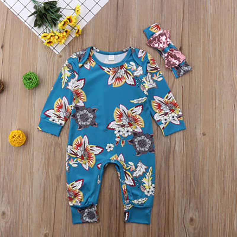 

Baby Girl Big Floral Pattern Long-sleeve Jumpsuit and a Headband