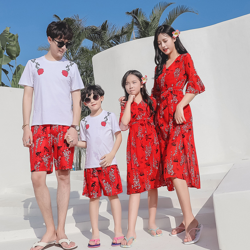 

Summer New Family Matching Floral Short-sleeve Dresses Tops