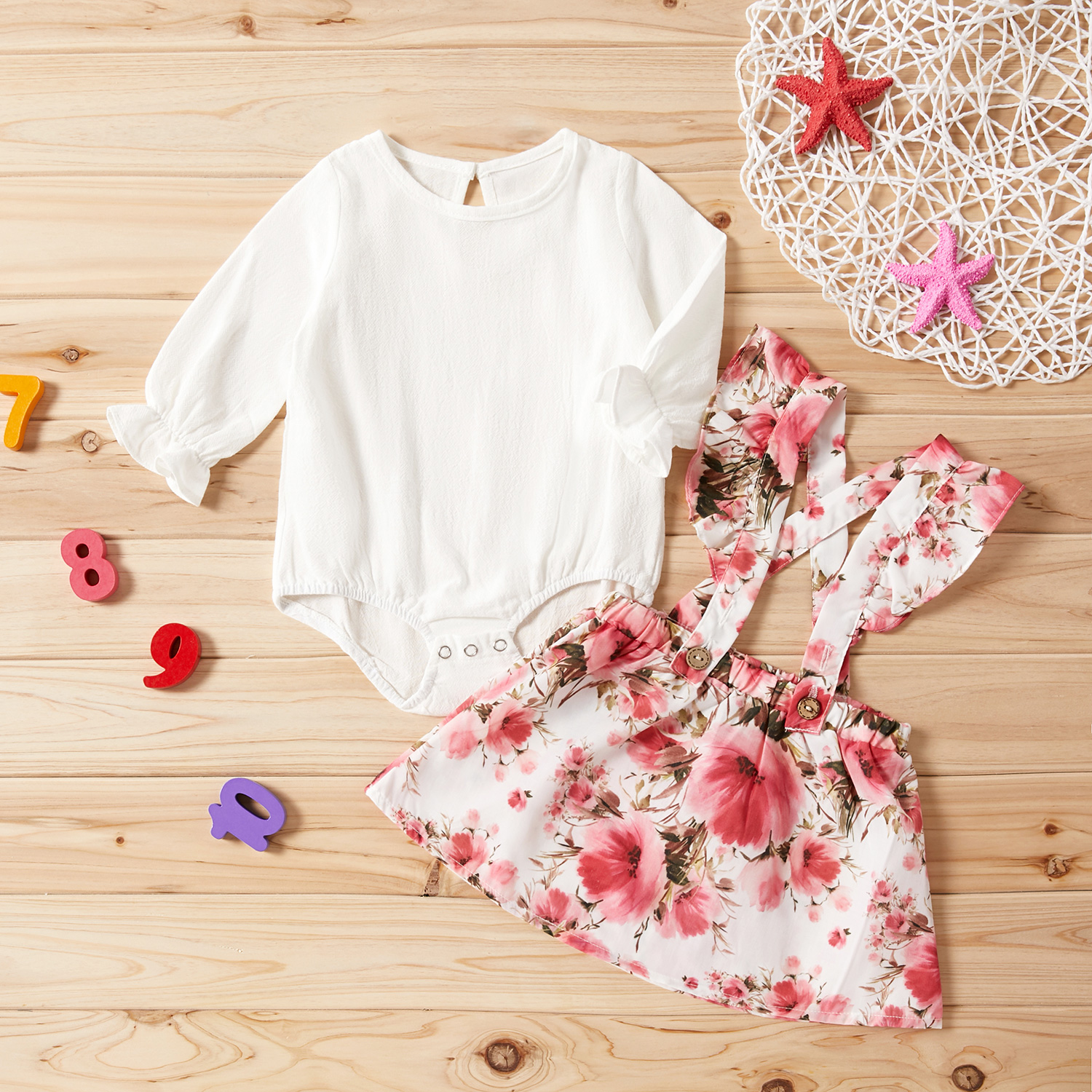 

2-piece Baby Girl Solid Top and Floral Strappy Skirt Set