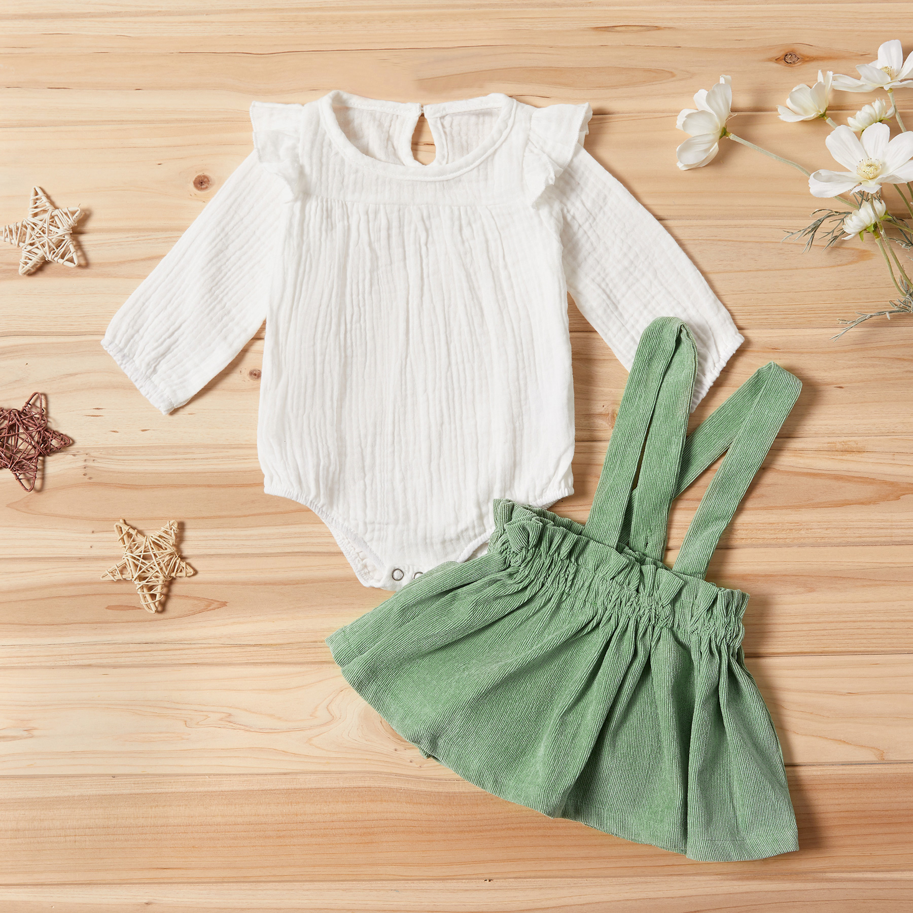 

Baby Girl Solid Ruffled Sleeve Bodysuit and Strappy Skirt Set