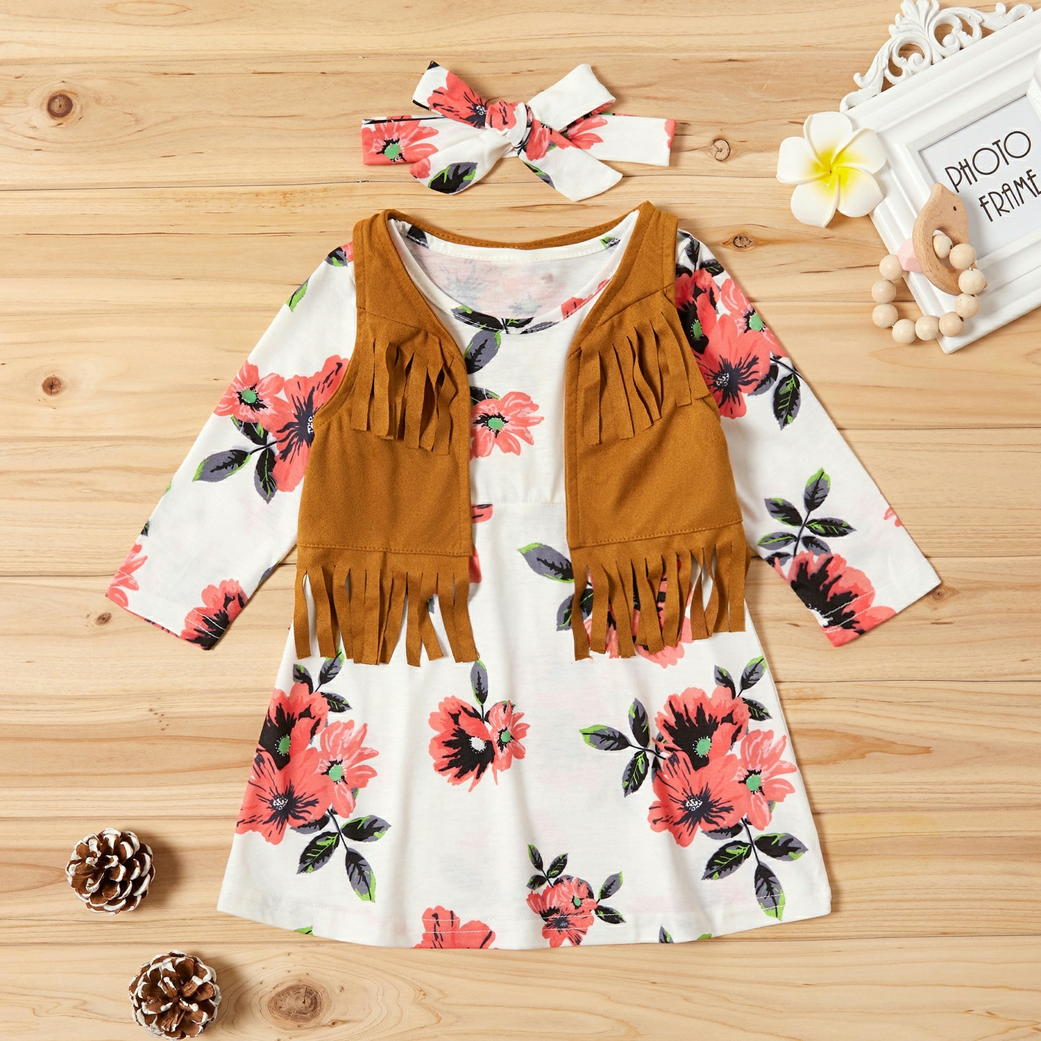 

Baby Girl Denim Style Tassel Design Floral Allover Long-sleeve Dress and Headband