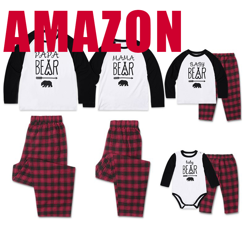 

2-piece Family Bear Print Matching Contrast T-shirt and Plaid Pants Set