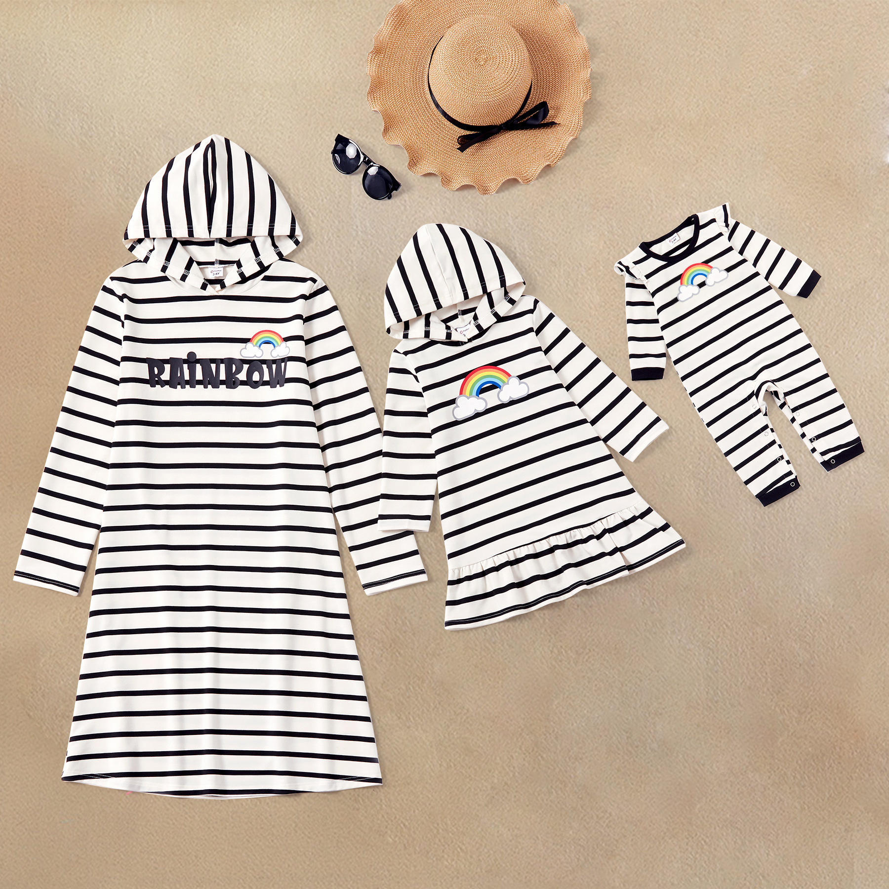 

RAINBOW Pattern Print Stripe Long-sleeve Hooded Dresses for Mommy and Me