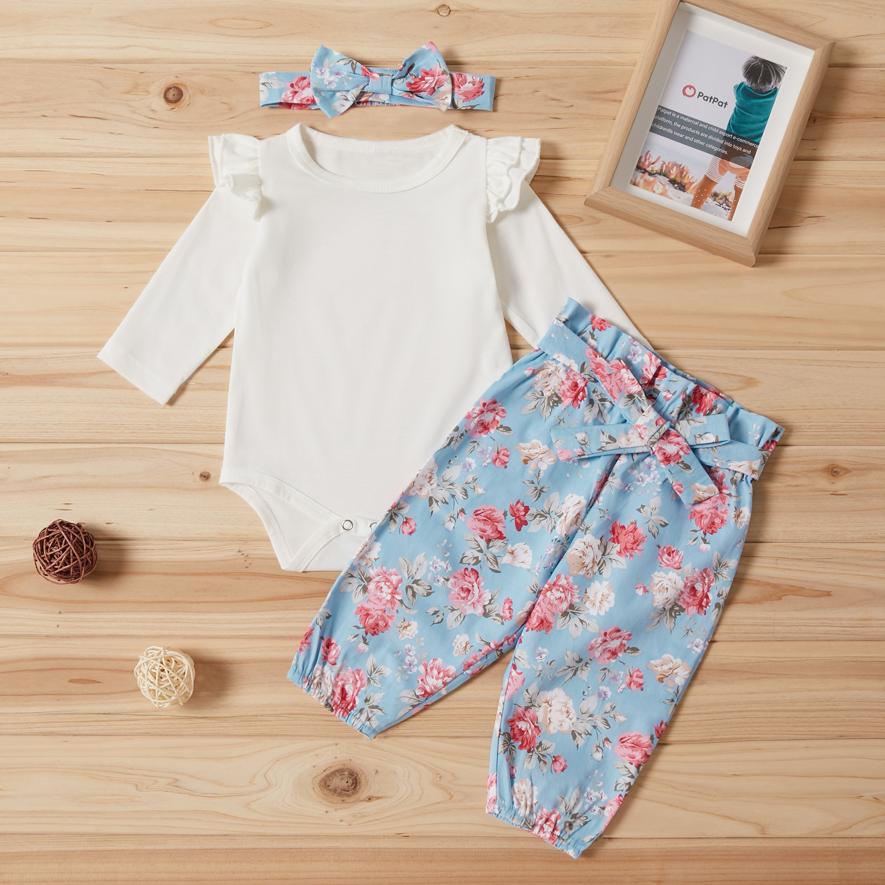 

3-piece Baby Girl Solid Long-sleeve Bodysuit and Floral Pants with Headband Set