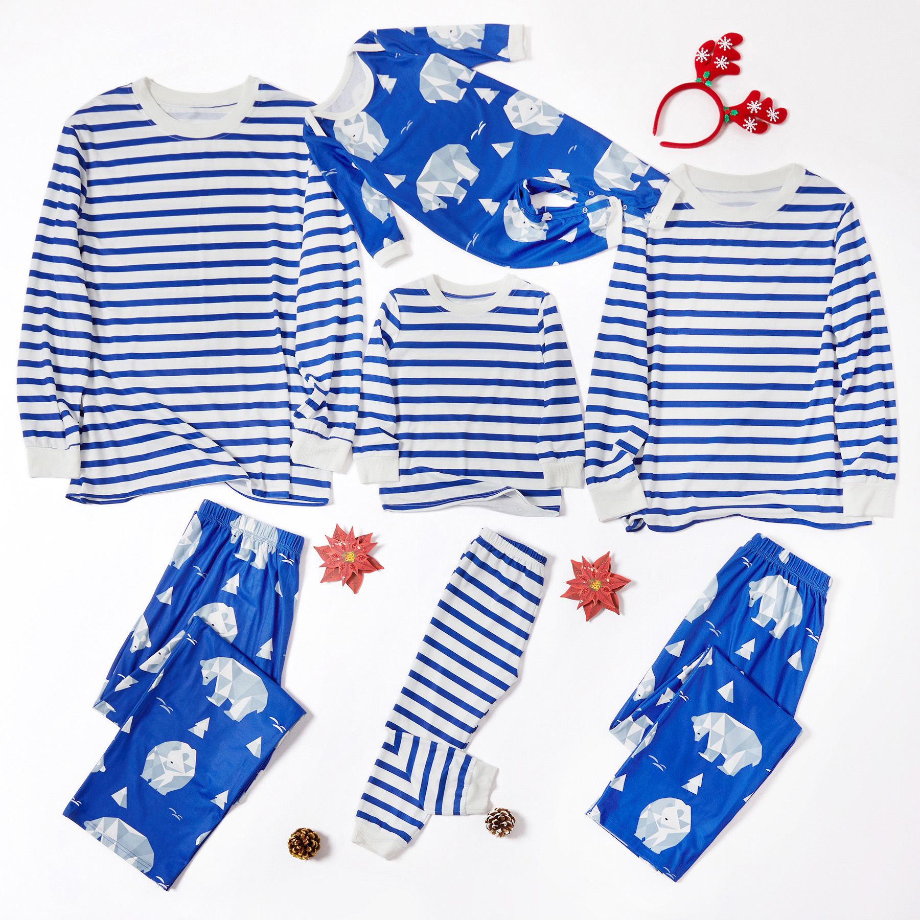 

Family Matching Blue Stripe Top and Bear Print Pants Christmas Pajamas Set