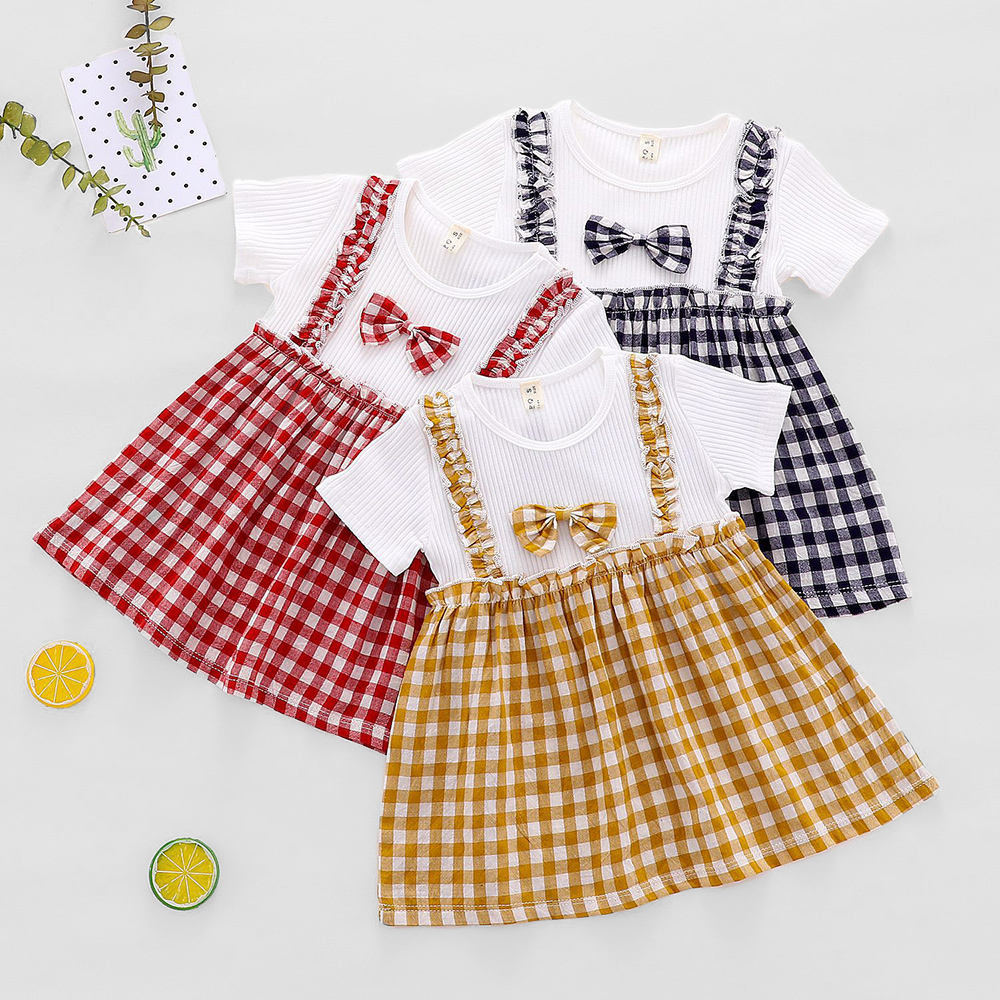 

Round Collar Checkered Dress with Bow