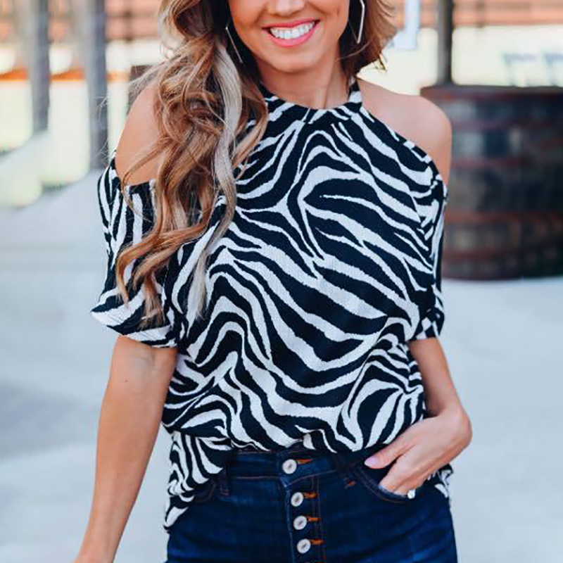 

Chic Striped Chiffon Cold Shoulder Short-sleeve Top