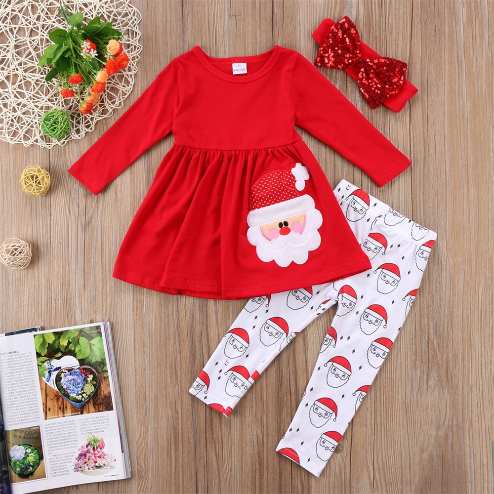 

3-piece Baby Girl Christmas Santa Embroidery Long-sleeve Top and Pants with Headband Set