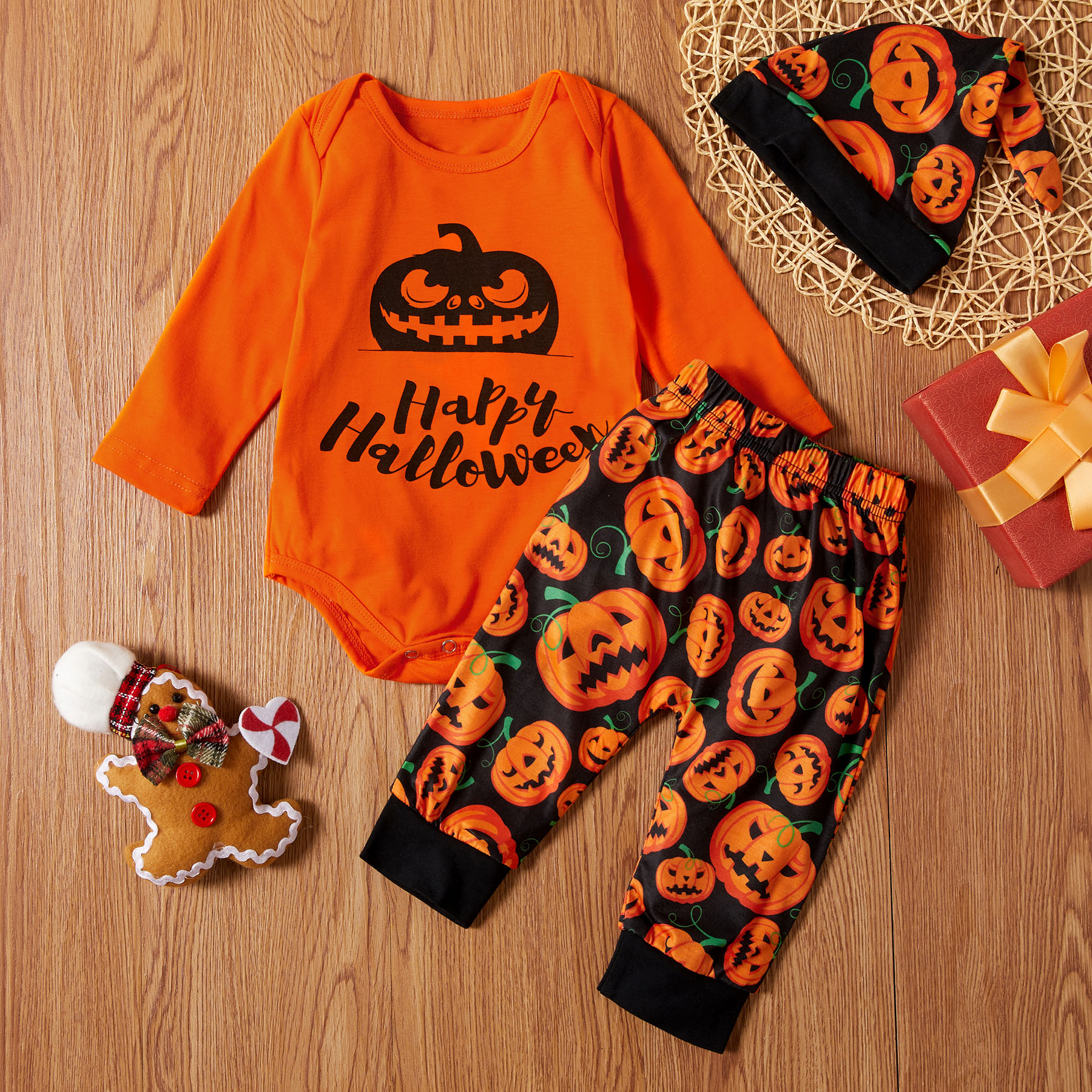 

3-piece Baby HAPPY HALLOWEEN Print Pumpkin Bodysuit and Pants with Hat Set