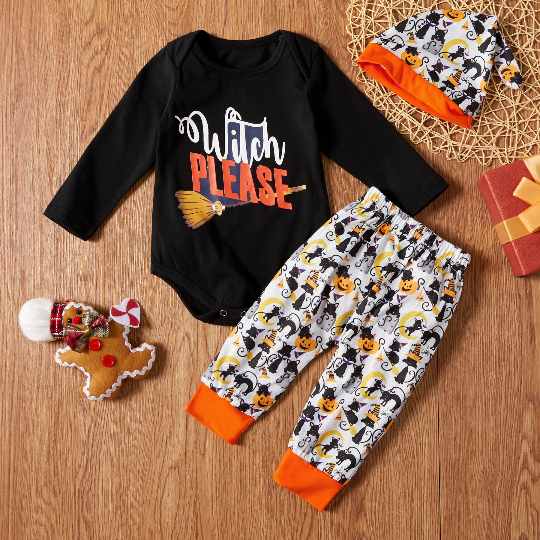 

3-piece Baby Halloween Letter Print Bodysuit and Pumpkin Pants with Hat Set