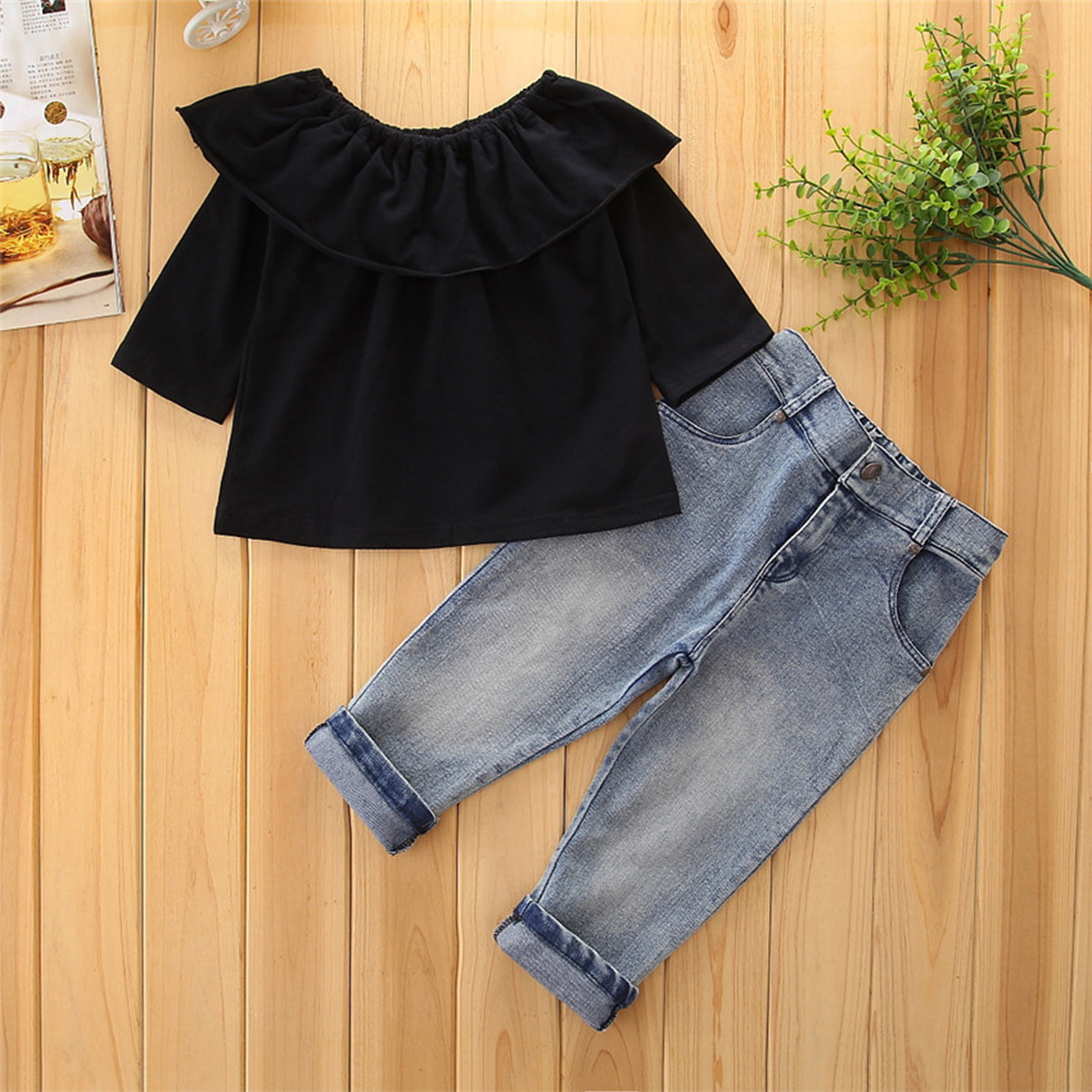 

2-piece Flounced Collar Top and Denim Pants for Baby / Toddler Girl