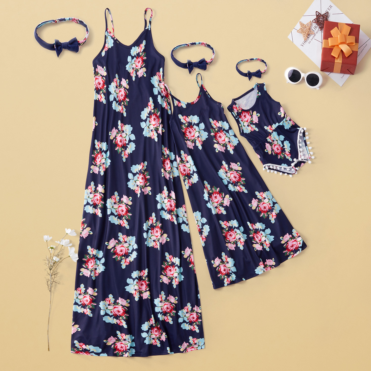 

Floral Print Matching Navy Sling Maxi Dresses