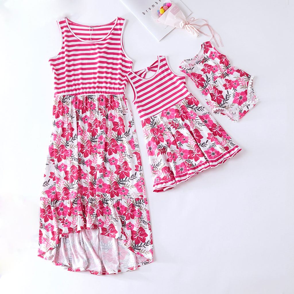 

Mosaic Mommy and Me Stripe Floral Print Dresses Tassel Romper