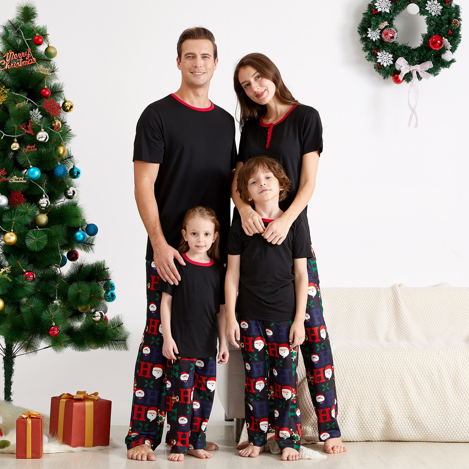 

Family Matching Black Top and Santa Pants Christmas Pajamas Sets (Flame Resistant)