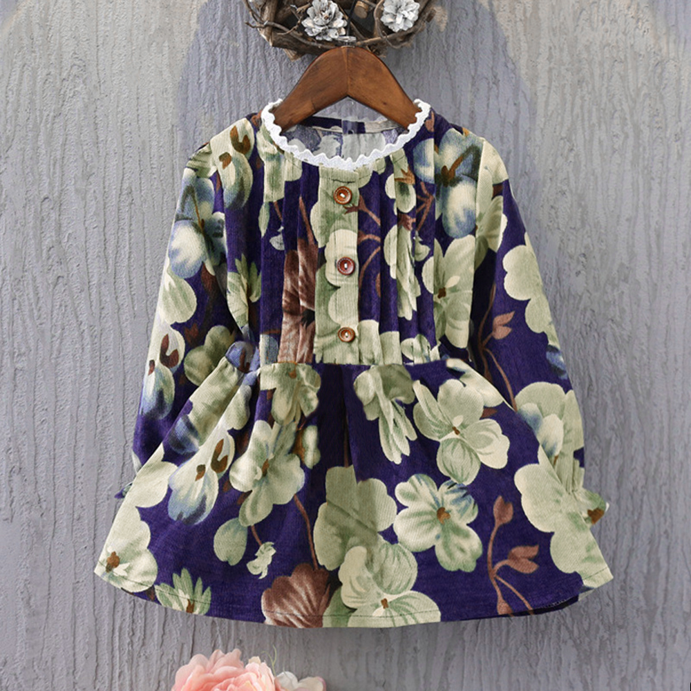 

Baby / Toddler Girl Floral Print Lace-collar Belted Long-sleeve Dress