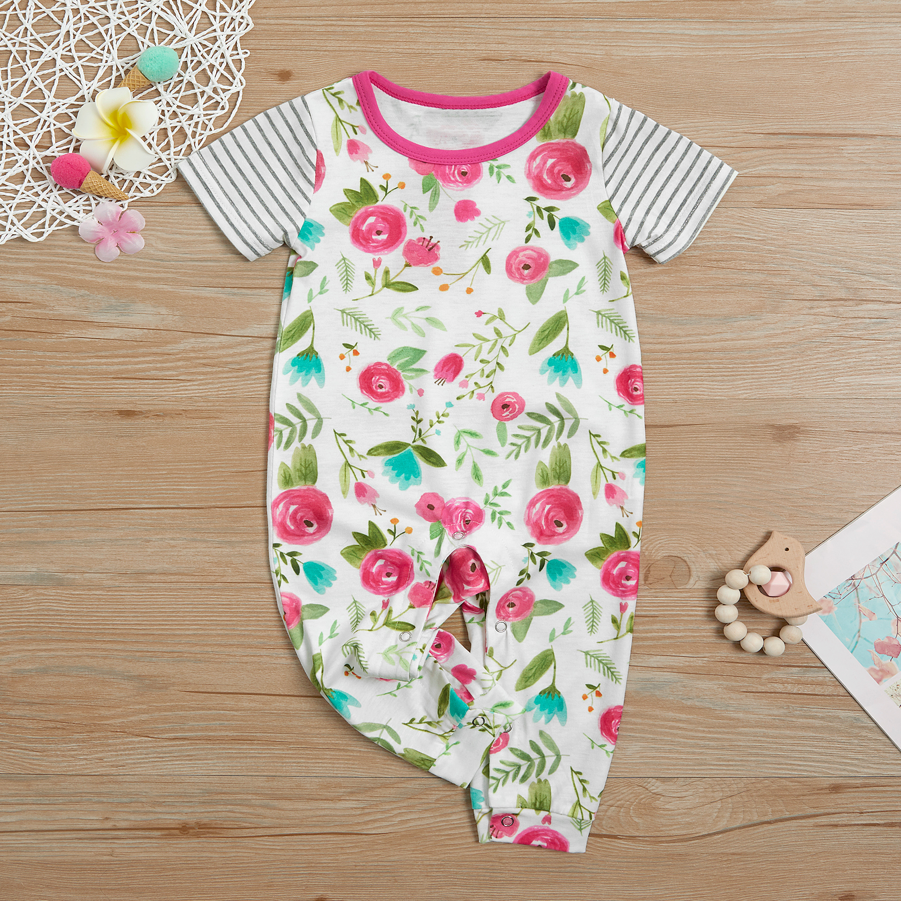 

Floral Print Striped Sleeve Jumpsuit for Baby / Toddler Girl