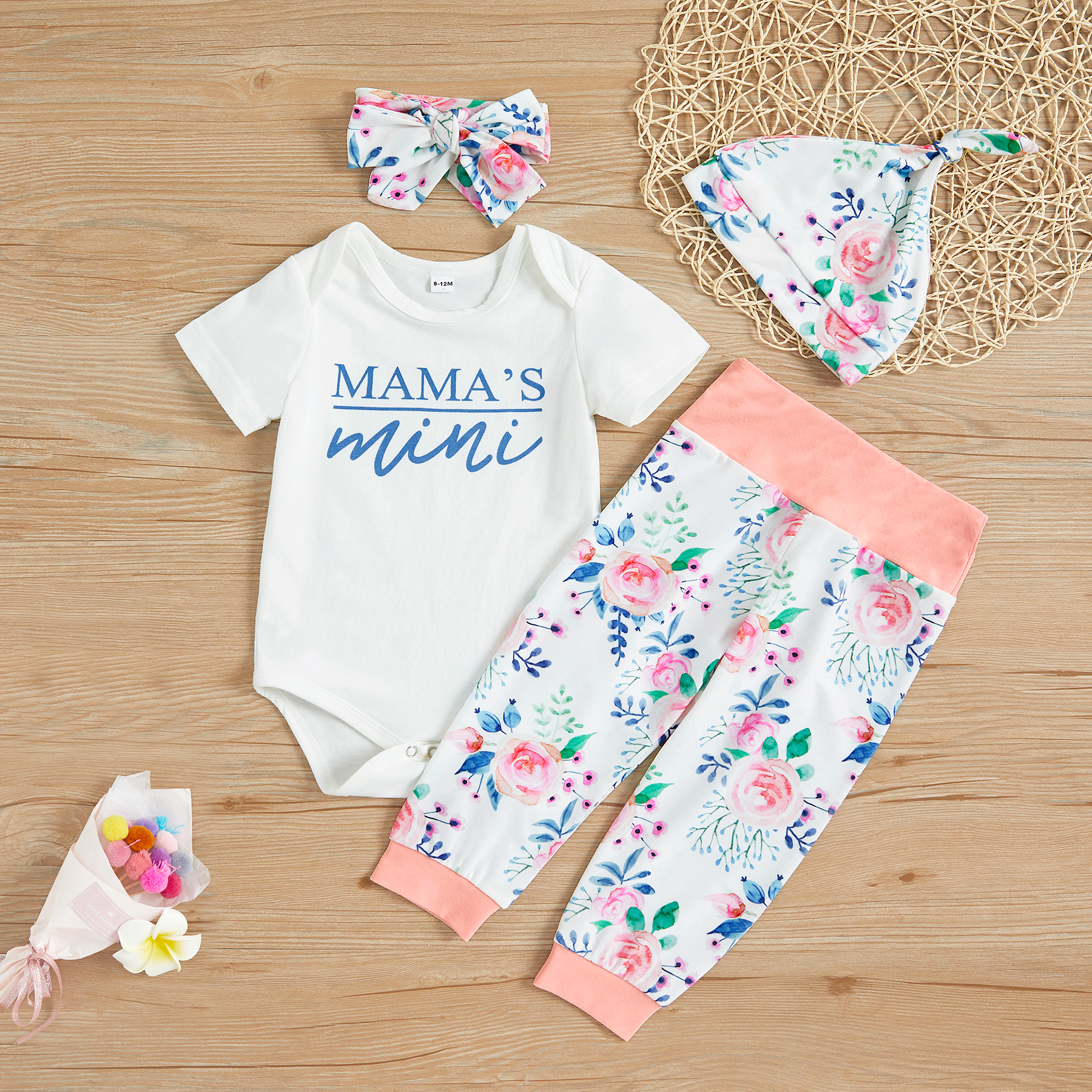 

4-piece ' MAMA's Mini ' Bodysuit and Floral Print Pants, Headband, Hat Set for Baby Girl