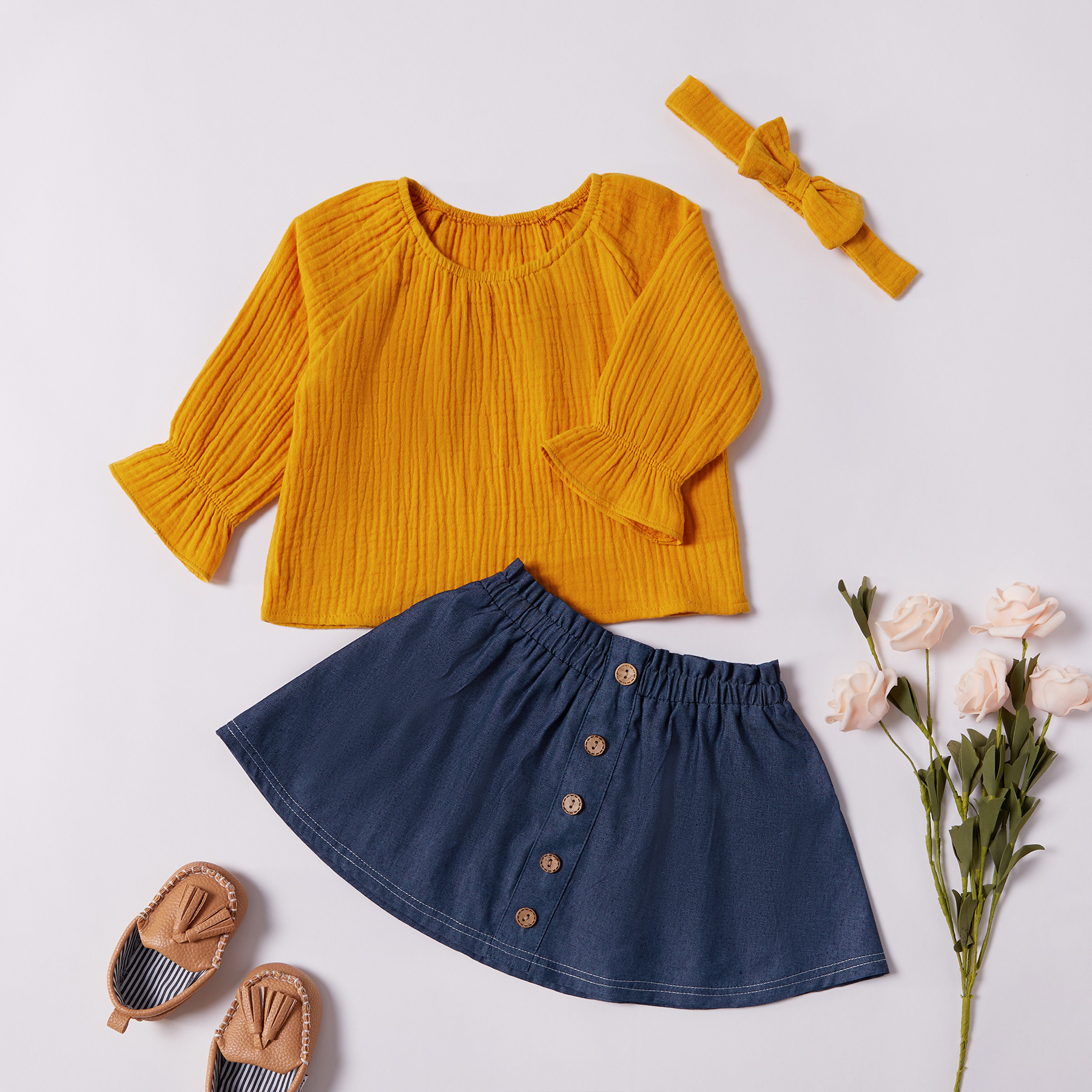 

3-piece Baby Girl Solid Ruffled Design Long-sleeve Top, headband, and Skirt Set
