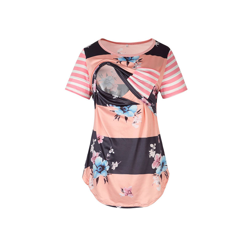

Allover And Striped Short-sleeve Nursing Top