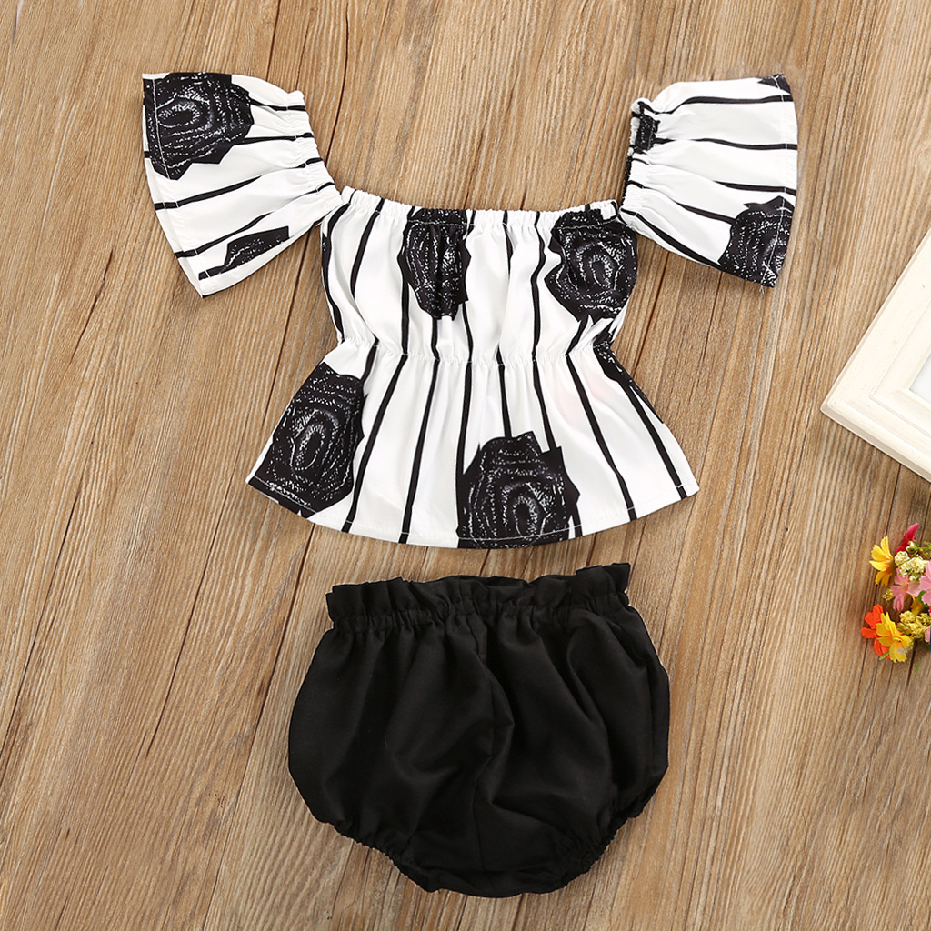 

Off The Shoulder Rose Print Striped Outfit