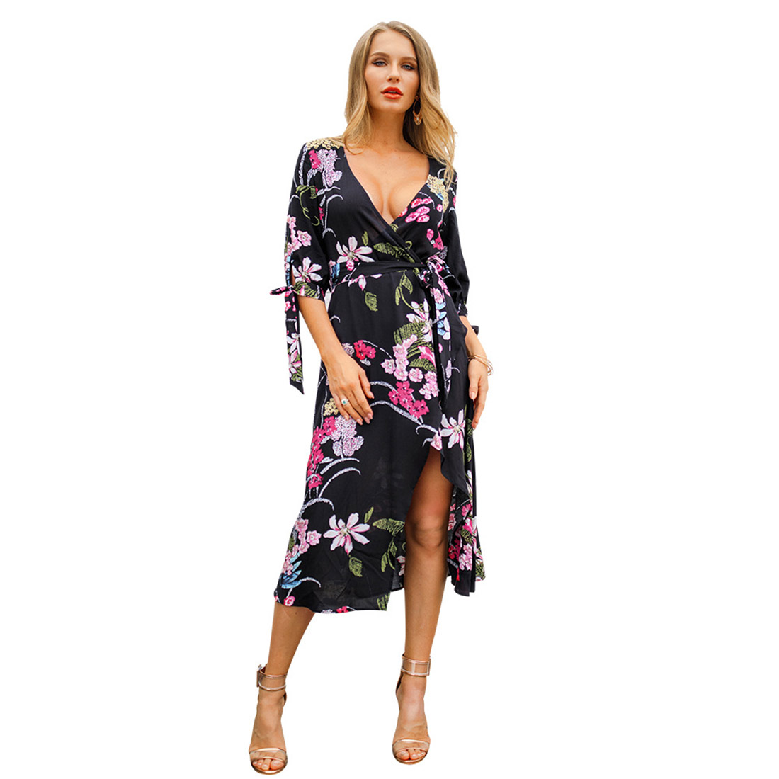 

Flowers Bowknot Tie V-neck Wrap Dress