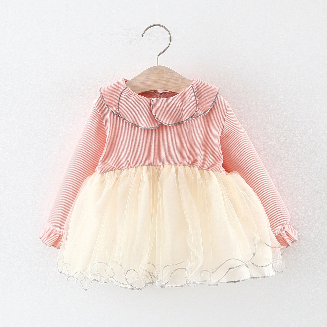 

Toddler Girl Sweet Solid Striped Flower Collar Long-sleeve Princess Tulle Dress