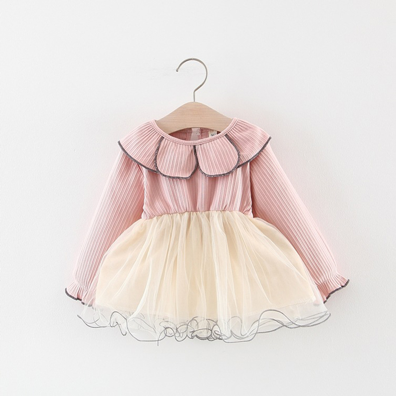 

Toddler Girl Sweet Solid Striped Flower Collar Long-sleeve Tulle Princess Dress