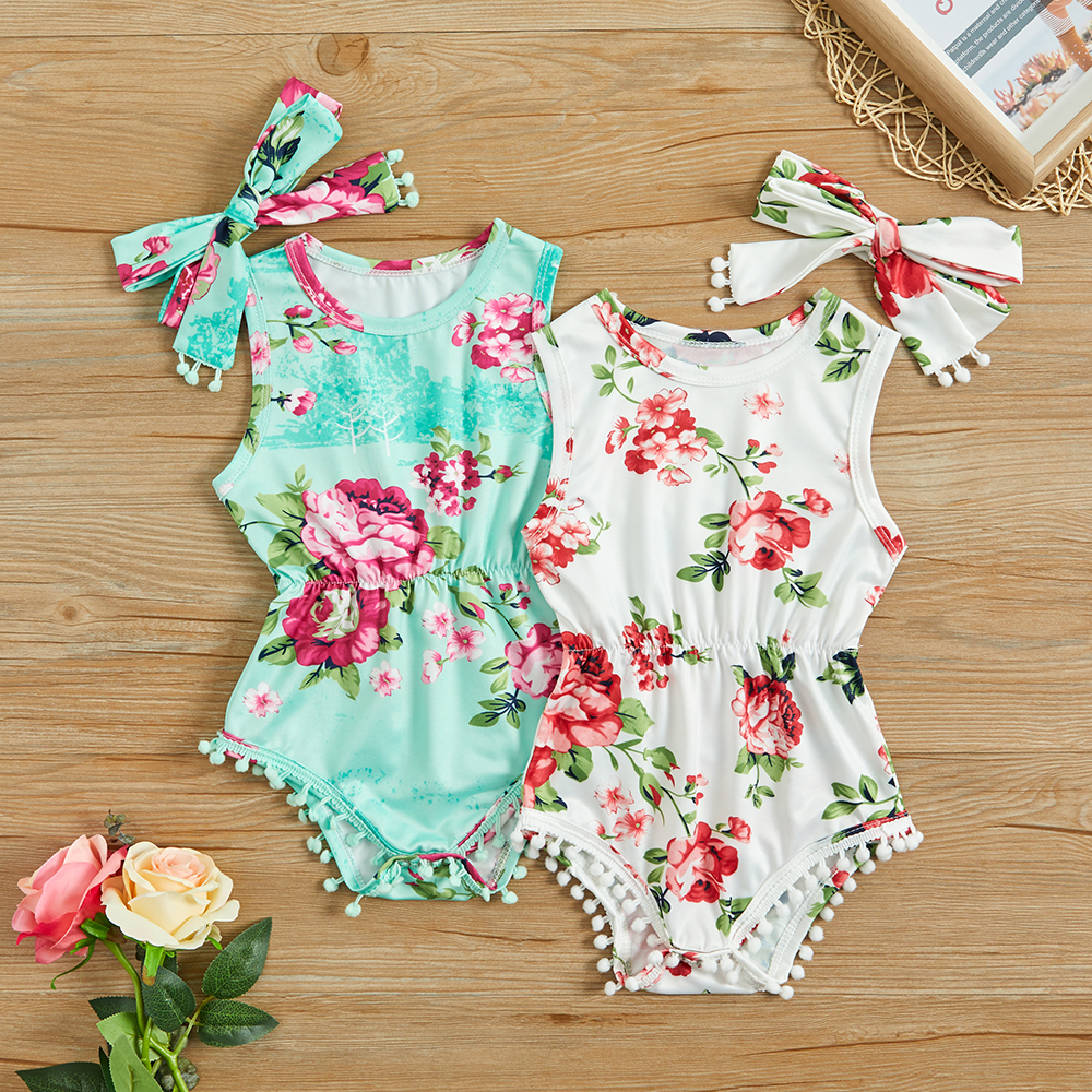 

Summer New 2-Piece Floral Print Tassel Bodysuit Romper with Headband for Baby Girls