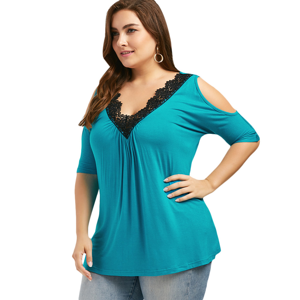 

Plus-size lace T-shirt For women Shoulder Short sleeve