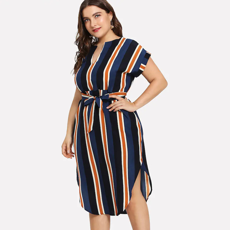 

Striped V-neck Plus-size Short-sleeve Dress