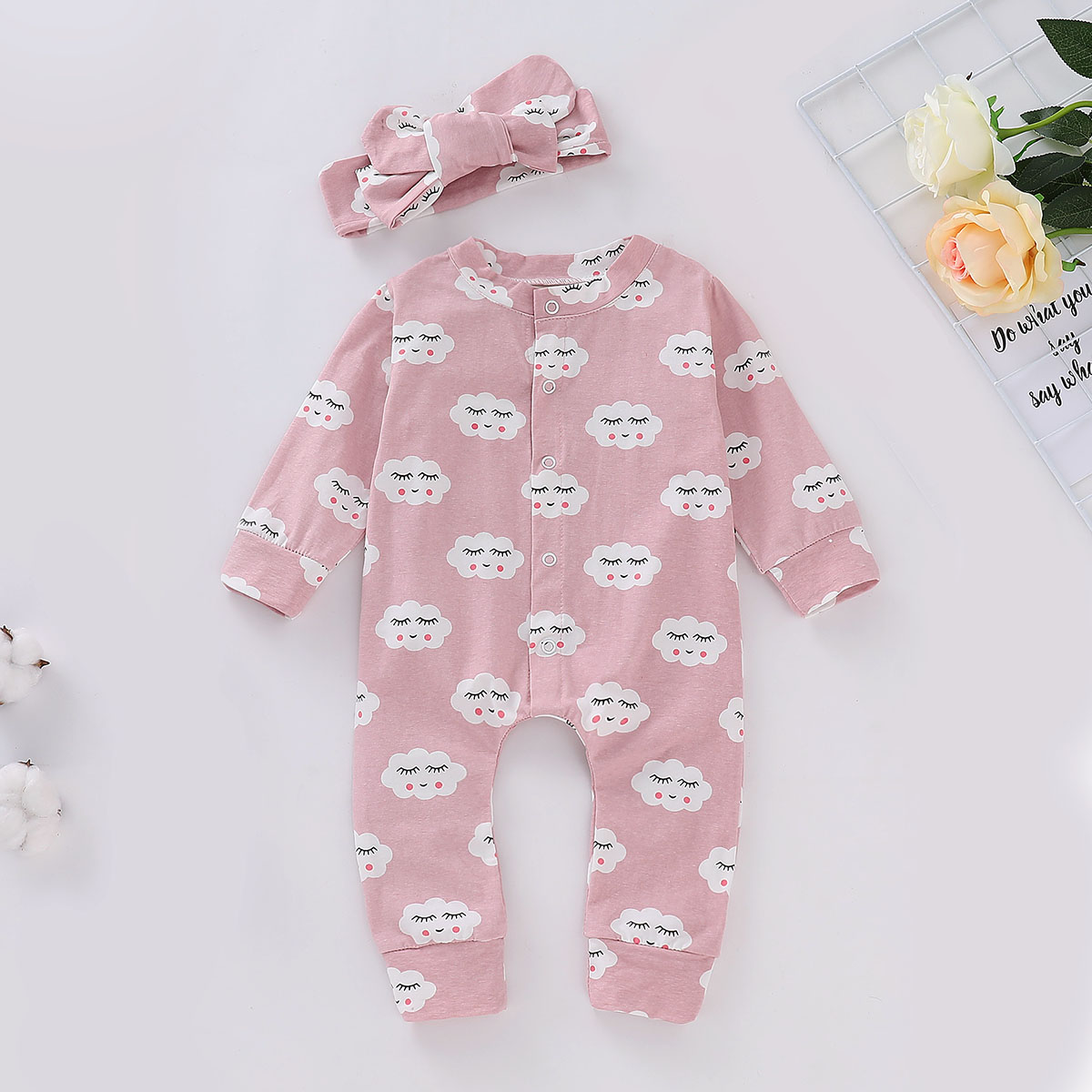 

2-piece Cloud Print Jumpsuit and Headband for Baby Girl