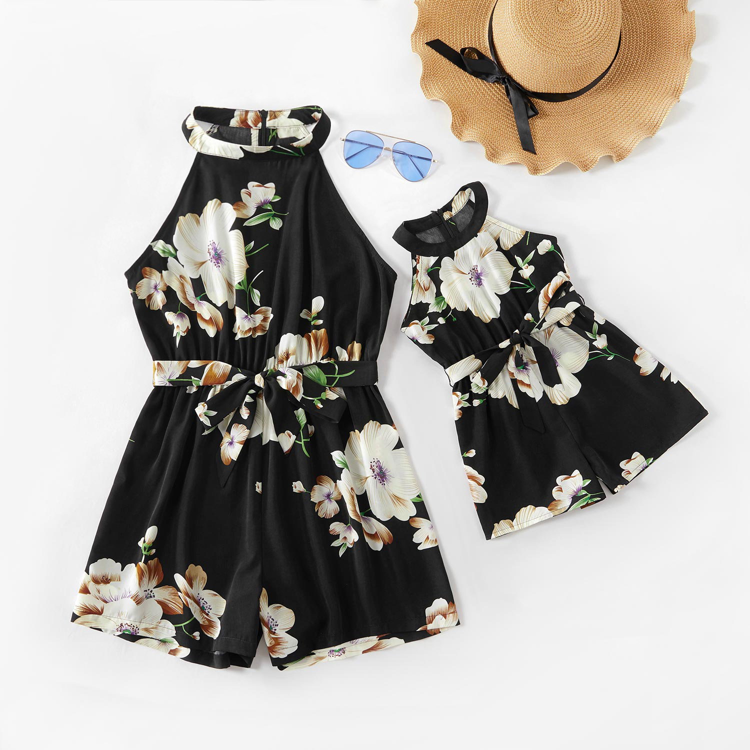 

Floral Print Sleeveless Matching Black Shorts Rompers